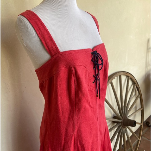 RALPH LAUREN Dress Cranberry Red 100% Linen Pockets Navy Lace-Up Zipper Sz 8 NEW - Picture 13 of 15